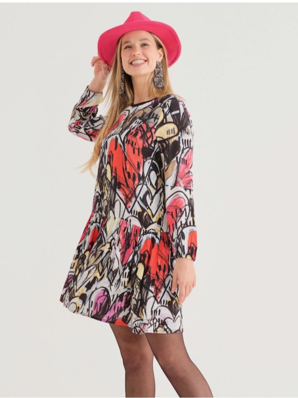 Abstract Heart Print Longline Dress - Red, Black & White Avante Garde